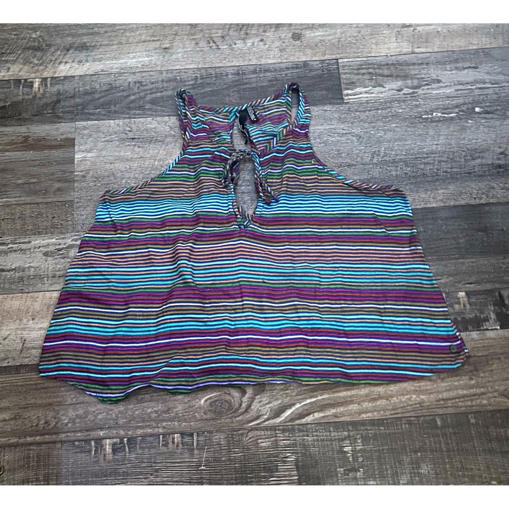 O'Neill Multicolor Striped Woven Tank Top Keyhole Neck Tie Sleeveless Women S